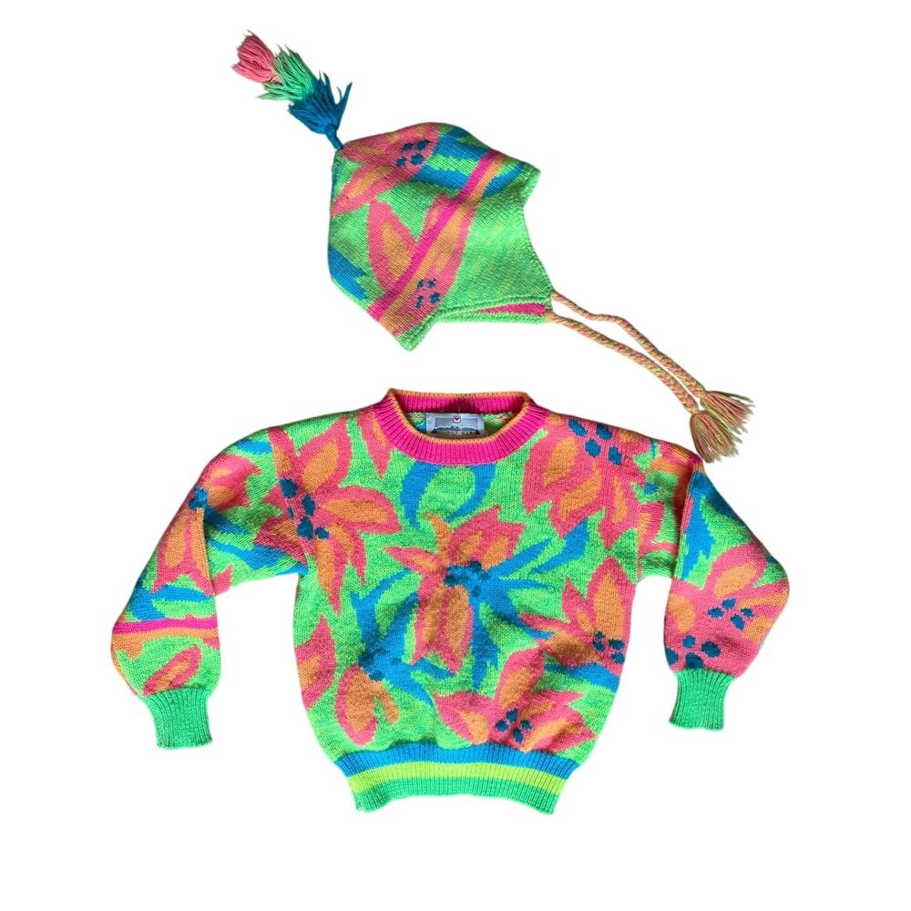 Obermeyer Vintage Kids Neon Sweater and Hat Set Floral Print Size 6